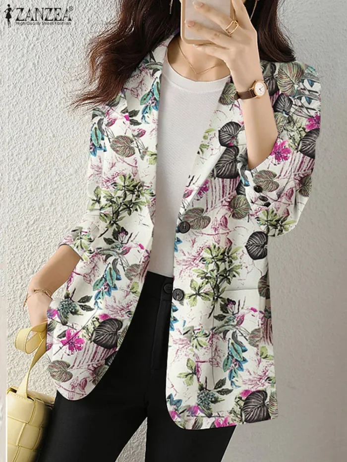 Women Autumn Blazer Retro Printed Coats Casual Long Sleeve Floral Outerwear