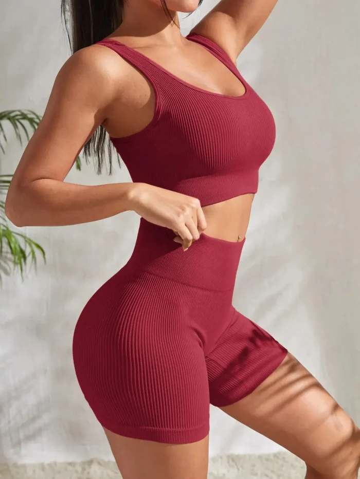 Seamless Ribbed Yoga Sets Workout Sets for Women 2 Pieces Gym Suits Ribbed Crop Tank - Image 4