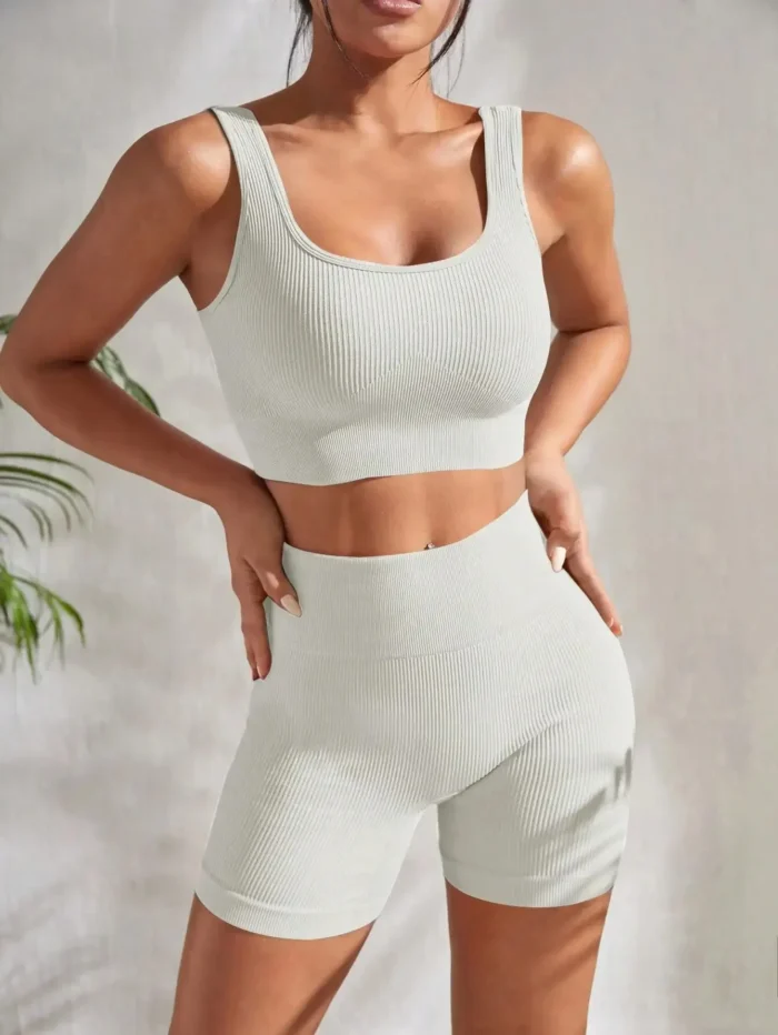 Seamless Ribbed Yoga Sets Workout Sets for Women 2 Pieces Gym Suits Ribbed Crop Tank - Image 3