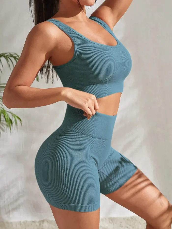 Seamless Ribbed Yoga Sets Workout Sets for Women 2 Pieces Gym Suits Ribbed Crop Tank
