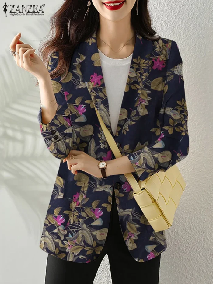Women Autumn Blazer Retro Printed Coats Casual Long Sleeve Floral Outerwear - Image 5