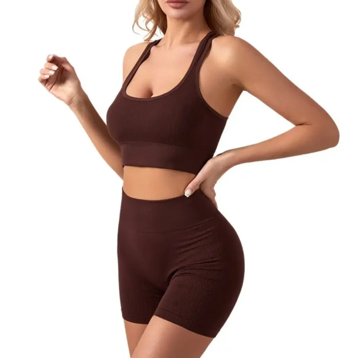 2 Pieces High Waist Short Workout Outfits Casual Sport Bra Ribbed Tracksuit - Image 3