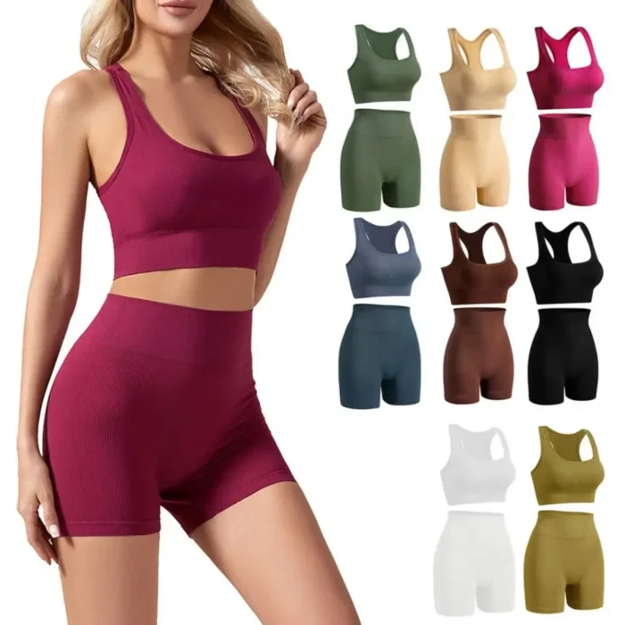 2 Pieces High Waist Short Workout Outfits Casual Sport Bra Ribbed Tracksuit