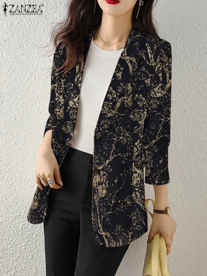 Women Autumn Blazer Retro Printed Coats Casual Long Sleeve Floral Outerwear - Image 3