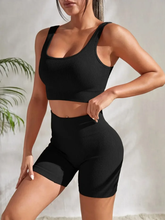 Seamless Ribbed Yoga Sets Workout Sets for Women 2 Pieces Gym Suits Ribbed Crop Tank - Image 5