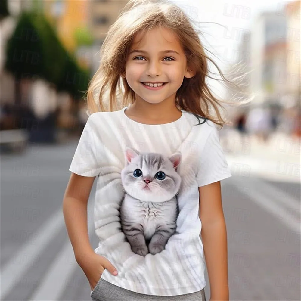 Kids Girls' Clothes 3D Cat Print Tee Shirt - Image 4