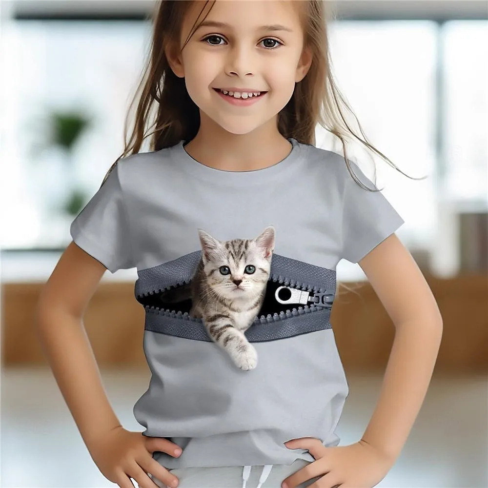 Kids Girls' Clothes 3D Cat Print Tee Shirt - Image 5