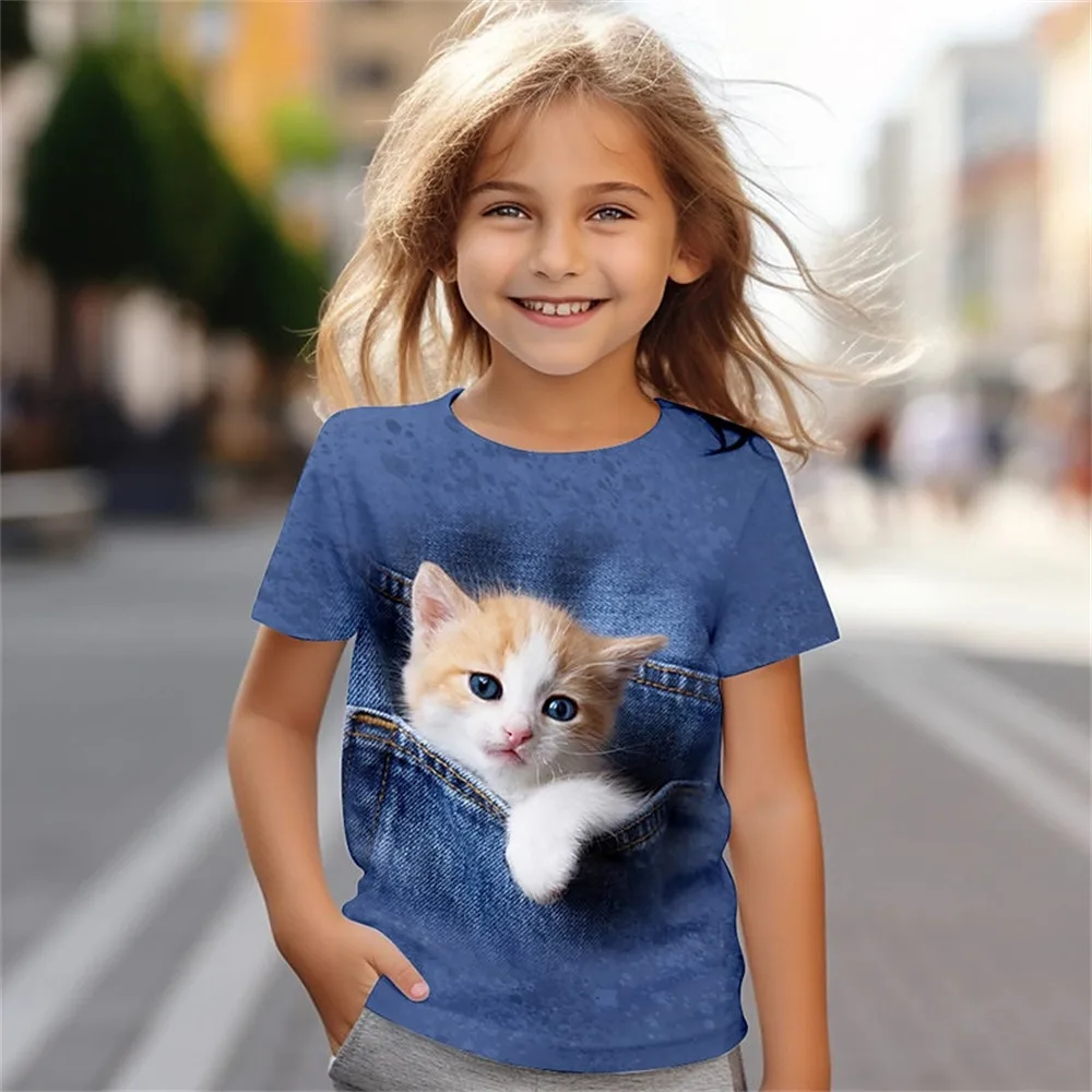 Kids Girls' Clothes 3D Cat Print Tee Shirt - Image 3