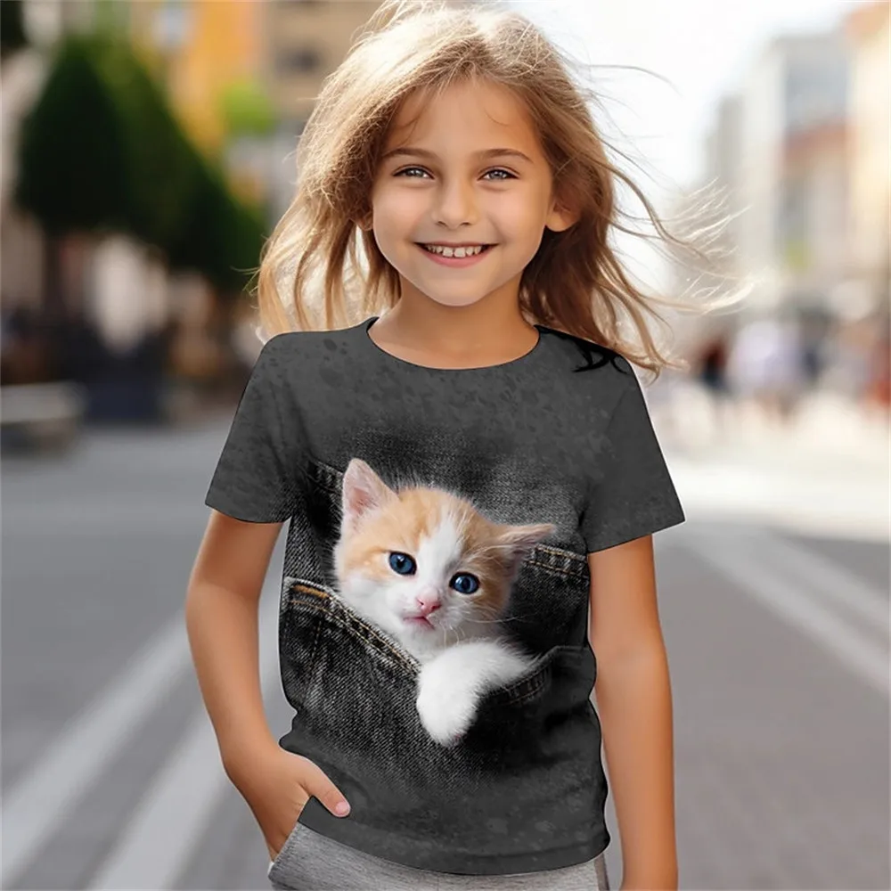Kids Girls' Clothes 3D Cat Print Tee Shirt - Image 6