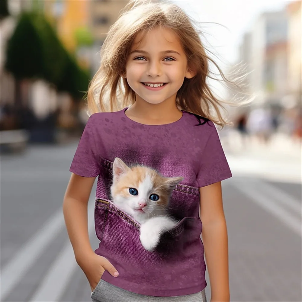 Kids Girls' Clothes 3D Cat Print Tee Shirt - Image 2